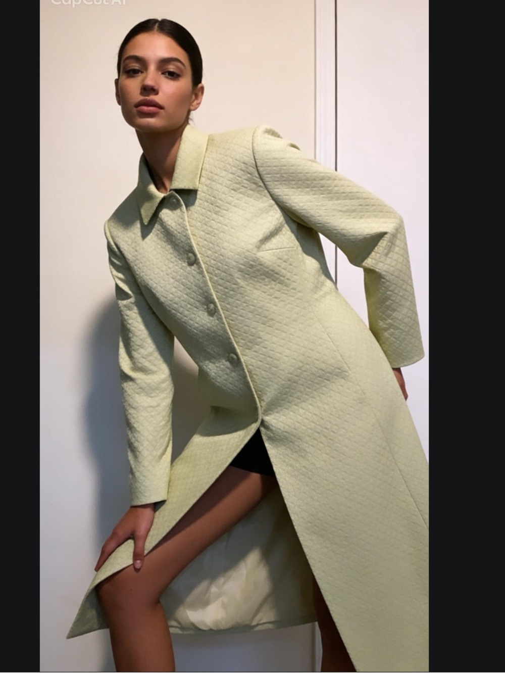 TAHARI Sleek, shimmer, hidden button, pockets, long coat with silky inner lining